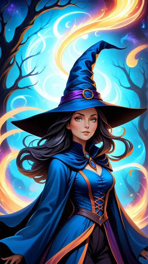 <lora:AbstractPatternStyleXL:1>AbstractPatternStyle (style-swirlmagic:0.8),  looking at viewer, solo, upper body, detailed background, (<lora:ChronomancyAI:0.5>, ChronomancyAI, chronomancy theme:1.1),  witch hat, witch, (glowing eyes:1.1), hair flowing in the wind, blue trimmed dark colored clothes,  crooked tree background, enchanted glowing staff, colorful  swirling  flames in the air, swirling portal,  witching hour, mist, mysterious atmosphere,, (Masterpiece:1.3) (best quality:1.2) (high quality:1.1)