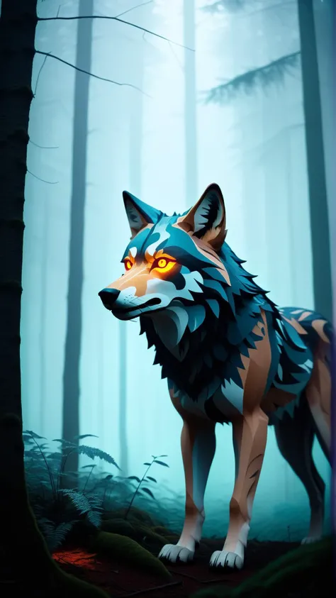 <lora:AbstractPatternStyleXL:1.35>AbstractPatternStyle wolf-like creatures with glowing eyes looming in the darkness of a misty forest, 24mm, (analog, cinematic, film grain:1.3), Bokeh DOF
