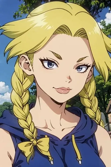 <lora:Nikki-10:0.8>Nikki,blonde hair, twin braids, Purple Bow,hoodie:1.5 ,
