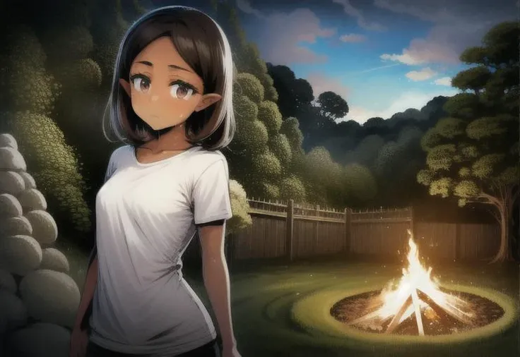 <lora:LONA03:1>, a girl (wearing red cloack:1.1), a girl in tshirt, clothes on body, a girl with CRAZY expression looking on camera, brown hair, (dark skin:1.1), (in cave with abominations in background also with tentacles on background, banners, stone walls, chairs and tables, campfire:1.2), shot from under, painfull face, masterpiece, best quality, uhd 8k, wallpaper high quality super detailed picture, rim light, small breasts, 21 yo girl, full body, dirty face, dirt on body, dark and gloomy light, evening, SFW, (bold lines:1.2), map, paint, paper borders