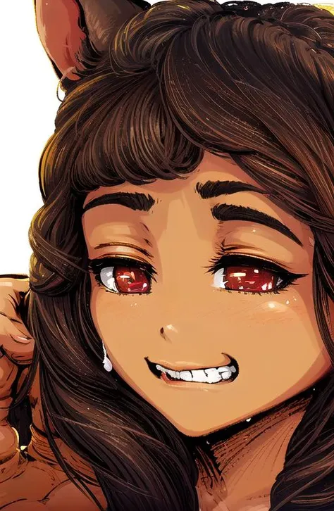 <lora:LONA:1>, masterpiece, best quality, intricate details, 8k uhd, a girl in restroom smiling at camera, face looks forward at camera, brown hair, (ring on hair as decoration), dark skin, wide open red eyes, tiny elven ears, clear hair,