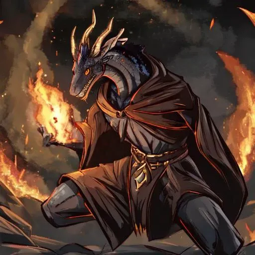 (Anthropomorphic dragon:1.25) man in (cultist robe:1.2), [[belt]], fluffy, tail, fangs, grey skin, (yellow eyes, glowing eyes:1.2), snout, horns, claws, scales,  <lora:dragon_form:1>, dragon_form, (best dragon hands:0.7), looking toward viewer, <lora:LONA09:0.7>, <lora:Concept-Pyromancer:0.25>, pyromancer, fire, dynamic pose, fighting stance