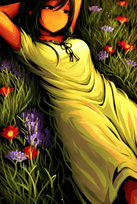 <lora:LONA06:1>,a girl in field,psycho,mixed flowers everywhere,closeup,girl is smiling,, (intricate details:0.9), (hdr, hyperdetailed:1.2)