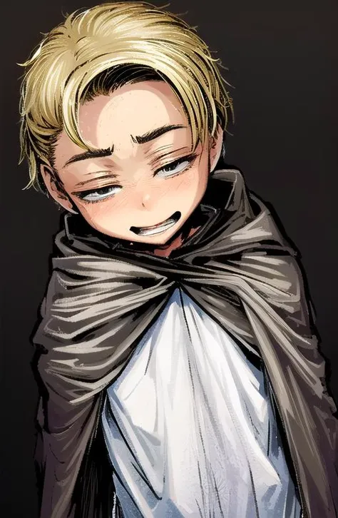 <lora:LONA:1>, masterpiece, best quality, intricate details, 8k uhd, a boy in restroom with slutty face at camera, 21 yo boy, crazy expression, gray dirty cloak on body, furr jacket on body, face looks straight forward at camera, (blond man haircut:1.1), (white skin:1), wide open dark gray eyes, clear hair, parting of the hair,