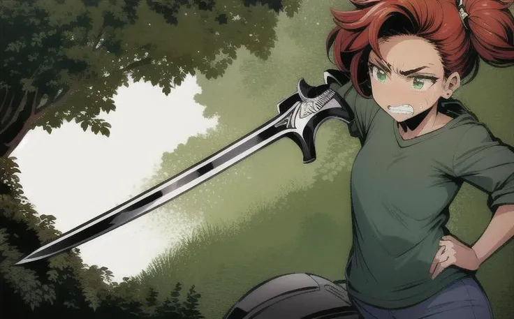 <lora:LONA04:1>,a girl 21 yo in green tshirt with (square green eyes:1.2) and red (mohawk hair:1.3) twintails standing sensual pose,angry with teeth face expression,holding a sword in one hand,in a cavern with a dark smoke clouds,high-quality edges,pronounced lines,contrasting shadows,duochrome,