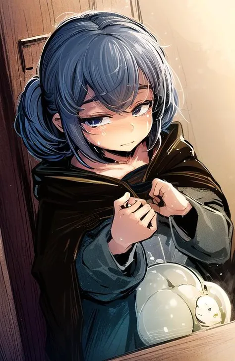 <lora:LONA:1>, masterpiece, best quality, intricate details, 8k uhd, a girl in restroom with cry face at camera, girl crying, gray cloak on body face looks straight forward at camera, brown twintails, (blue skin:1.1), wide open dark gray eyes, clear hair, small breasts, parting of the hair