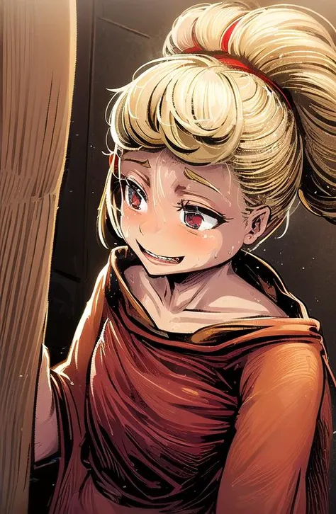 <lora:LONA:1>, masterpiece, best quality, intricate details, 8k uhd, a girl in restroom with slutty face at camera, silly happy expression, gray dirty cloak on body, red t-shirt on body, face looks straight forward at camera, (blond man haircut:1.1), (red skin:1.3), wide open dark gray eyes, clear hair, small breasts, parting of the hair