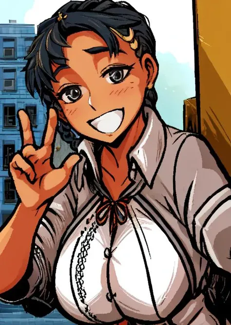 <lora:LONA06:1> a girl waving to viewer and [smiling],closeup,big breasts,braid,in the city,high quality of the background,detailed street,crowd in defocus,