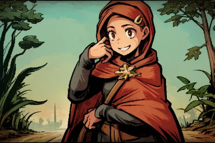 <lora:LONA081:0.8>Lona, Event, a girl in forest, best quality, high detailed, brown tshirt, red cape, empty hands, forest, road, background, happy smile, shy
