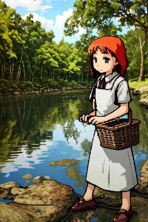 <lora:LONA07:1>a girl holding basket near river reflecting she,Cecyil,