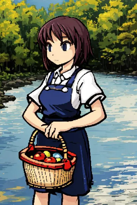 <lora:LONA07:1>a girl holding basket near river reflecting she,Ceciyl,