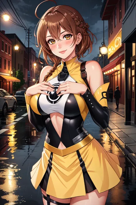 (masterpiece, best quality),  intricate details,
1girl,   
city street, rain, puddle, reflection, night, 
 <lora:Yellow Lantern Costume_v1:0.8> yellow lantern costume <lora:baltimore_azurlane:0.8> baltimore_azurlane, short_hair, bangs, brown_hair, yellow_eyes, braid, breasts, large_breasts, hair_between_eyes, blush, ahoge, french_braid,  smile,  sidelocks