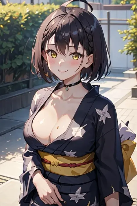 best quality, masterpiece, highres, solo, {yukata:1.40}, {kimono:1.20}, {baltimore_azurlane:1.15}, short_hair, bangs, brown_hair, yellow_eyes, braid, breasts, large_breasts, hair_between_eyes, blush, ahoge, french_braid, collarbone, smile, cleavage, sidelocks