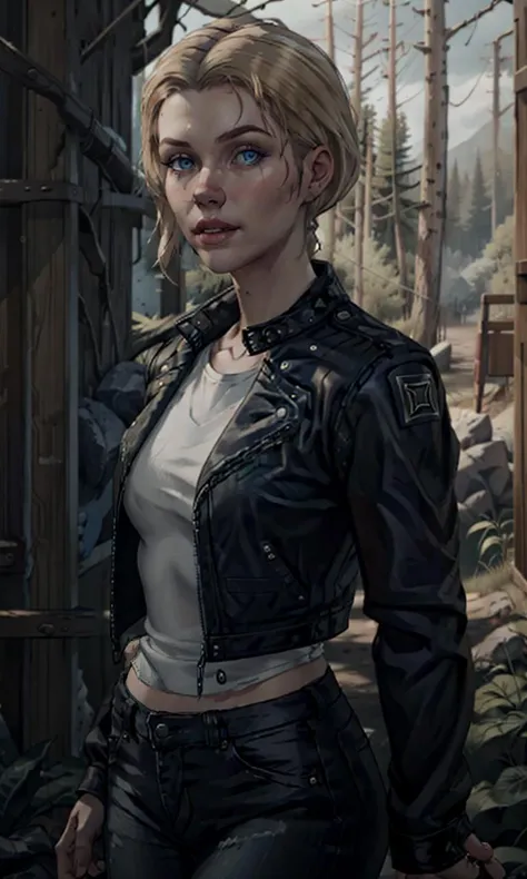 alicewakeRMK, black leather jacket, jean pants, white shirt, 1girl, forest, 8k, uhd, best quality, trending on artstation, blonde hair, pale skin, blue eyes, short hair, hair tied back, cinematic lighting, looking at viewer, photorealistic, raw image