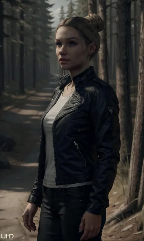 alicewakeRMK, biker jacket, blue jean pants, white shirt, 1girl, dark forest, 8k, uhd, best quality, trending on artstation, blonde hair, pale skin, blue eyes, short hair, hair bun, hair tied back, cinematic lighting, full body, looking at viewer