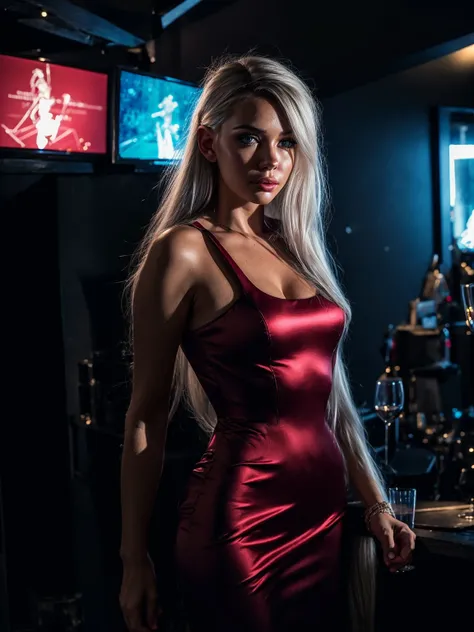 ultrarealistic high quality fullbody photo of a beautiful busty slim european 19-year-old mwoman with cute hyperdetailed shy face and dyed platin blonde long messy hair and happy face, realistic round hazel eyes, red lips, dark eye makeup with eyeliner, wearing high-leg-cut shiny latex evening dress, hourglass body, indoor shooting on a lost place classic bar with other guests