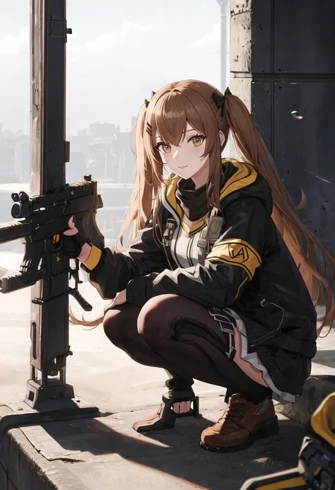 {safe:1.10}, best quality, masterpiece, highres, solo, {ump9_girlsfrontline:0.90}, squatting, cowboy_shot, looking at viewer