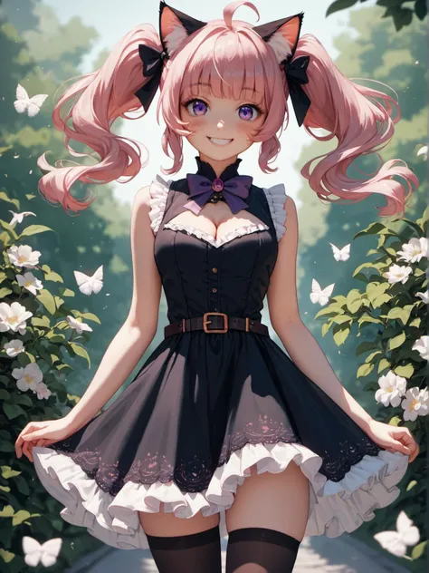 score_9, score_8_up, score_8, score_7_up, score_7, score_6_up, score_6, score_5_up, score_5
(masterpiece), best quality, nyatasha nyanners, (beautiful detailed face), (beautiful detailed eyes), (cat ears:1.2), cat ear fluff, (pink hair), (twintails), ahoge, (purple eyes), looking at viewer, (black hairbow), (black dress), frilled dress, sleeveless, (purple bowtie), cleavage cutout, clothing cutout, short dress, (black thighhighs), (chest belt), happy, (smile), blush, cowboy shot
\\ Made with ONE FOR ALL checkpoint by Chaos Experience @ https://civitai.com/user/ChaosExperience/ \\