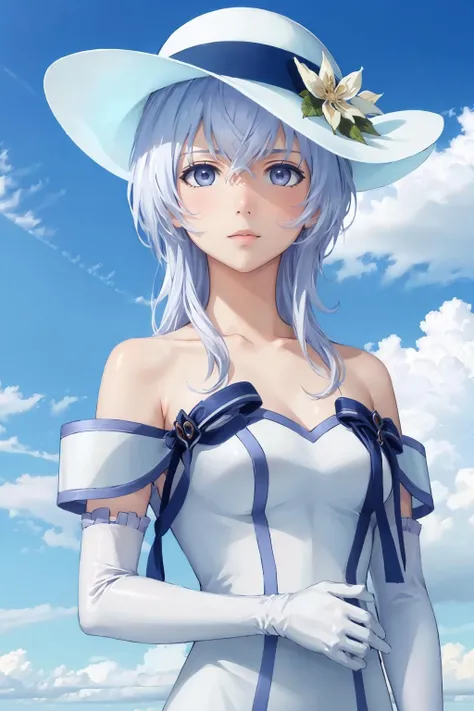 masterpiece, best quality, <lora:seitenshi-nvwls-v1-000010:1> seitenshi, sun hat, white dress, bare shoulders, elbow gloves, sky, blue background, aqua background, upper body, looking at viewer