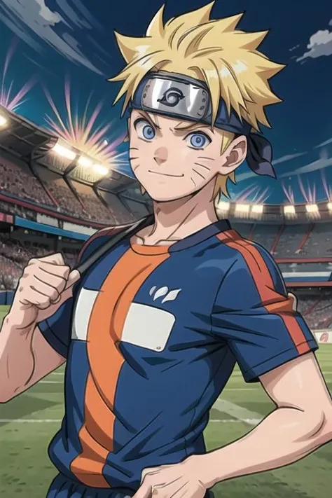 best quality, 1boy, uzumaki naruto, blonde hair, spiked hair, blue eyes, whisker markings, facial mark, forehead protector, , konohagakure symbol, upper body, looking at viewer, smile,(soccer), (soccer clothes), (tshirt), (short),(in a soccer stadium), closed mouth, cute smile, supporters, football, running <lora:Naruto:0.6><lora:more_details:0.4>