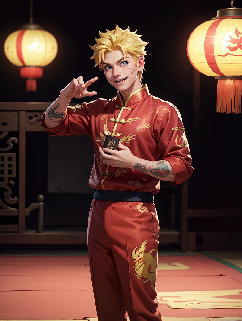 looking at viewer, Amidst the Chinese New Year festivities of the Dragon, a (handsome young man:1.1)( dons traditional attire:1.5). His clothing reveals chiseled muscles and tattoos, with a red shirt featuring golden dragon embroidery and snug, red trousers adorned with fireworks motifs. Completing the look are golden shoes.
he stands against a backdrop of gleaming red and gold lanterns on a stage filled with music and firecrackers. The man's tattoos, depicting dragons and Chinese symbols, underscore his cultural connection. With a radiant smile, he extends blessings for the year ahead, encapsulating the spirit of joy and community celebration. His masculine, youthful, and tender features exude warmth and charm, adding to the festive atmosphere of the occasion,
<lora:GoodHands-beta2:0.8>, dynamic pose,
<lora:Naruto:0.8> uzumaki naruto, blonde, blue eyes, spiked hair,, masterpiece, 4k, high quality, highres, absurdres,