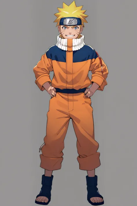 masterpiece, best quality, 1boy, uzumaki naruto, blonde hair, spiked hair, blue eyes, whisker markings, facial mark, forehead protector, , konohagakure symbol, jumpsuit, toeless footwear, full body, hands on hips, looking at viewer, smile, solo, standing, simple background <lora:Naruto:1>