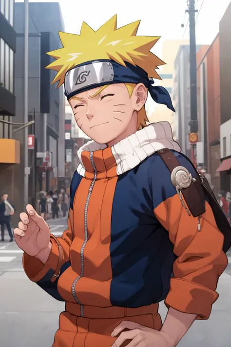 masterpiece, best quality, 1boy, uzumaki naruto, blonde hair, spiked hair, blue eyes, whisker markings, facial mark, forehead protector, , konohagakure symbol, jumpsuit, closed eyes, closed mouth, upper body, looking at viewer, solo, buildings, tokyo street background <lora:Naruto:1>