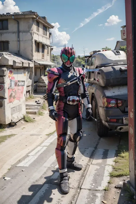 high quality, best quality, 8 k,(realistic, photo-realistic:1.4), rubble background, fire, detailed face, detailed clothes, decade, 1boy,male focus ,full body,weapon <lora:KamenRiderDecade-000002:1>