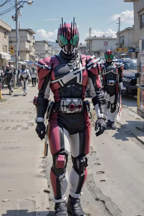 high quality, best quality, 8 k, background big clock ,(realistic, photo-realistic:1.4), detailed face, detailed clothes, decade, 1boy,male focus ,full body,weapon<lora:KamenRiderDecade-000002:1>