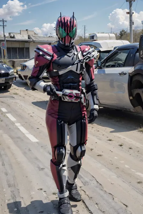 high quality, best quality, 8 k,realistic,detailed face, detailed clothes, decade, 1boy,male focus ,full body ,sword, holding sword<lora:KamenRiderDecade-000002:1>