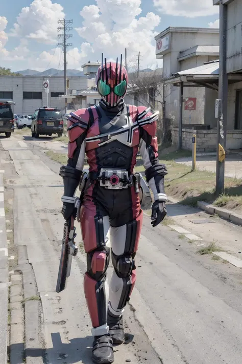 high quality, best quality, 8 k,realistic,detailed face, detailed clothes, decade, 1boy,male focus ,full body ,weapon, holding weapon <lora:KamenRiderDecade-000002:1>