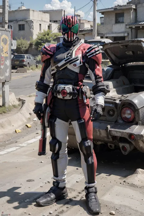 high quality, best quality, 8 k,(realistic, photo-realistic:1.4), ruins of war, many flames, detailed face, detailed clothes, decade, 1boy,male focus ,full body,weapon <lora:KamenRiderDecade-000002:1>