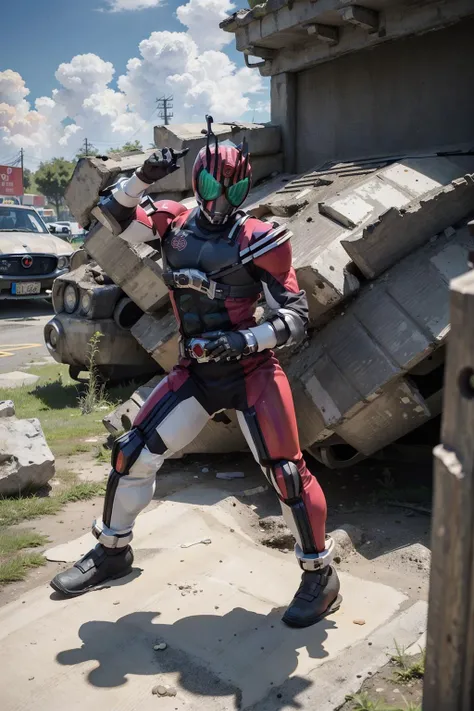 high quality, best quality, 8 k,(realistic, photo-realistic:1.4), rubble background, fire, detailed face, detailed clothes, decade, 1boy,male focus ,full body <lora:KamenRiderDecade-000002:1>