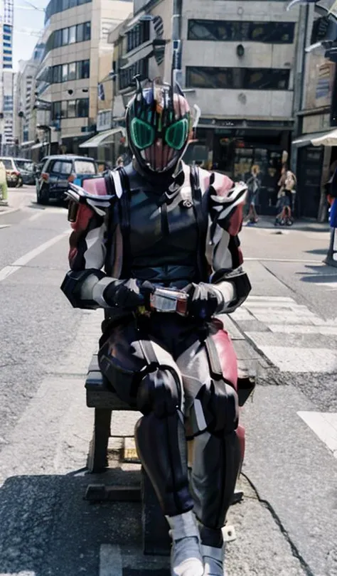 high quality, best quality, 8 k, mountain , (realistic, photo-realistic:1.4), detailed clothes, decade, 1boy,male focus ,full body , sitting<lora:KamenRiderDecade:1> <lora:FastNegativeV2:1> <lora:FilmVelvia2:1>