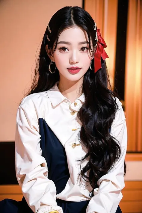 Jang Wonyoung, Nikon RAW photo,8 k,Fujifilm XT3,masterpiece, best quality, realistic, photorealistic,ultra detailed,1girl, black hair, earrings, hair ornament, hair ribbon, jewelry, lips, lipstick, long hair, long sleeves, makeup, mole, mole under eye, one eye closed, photo \(medium\), realistic, red lips, ribbon, smile, solo, upper body