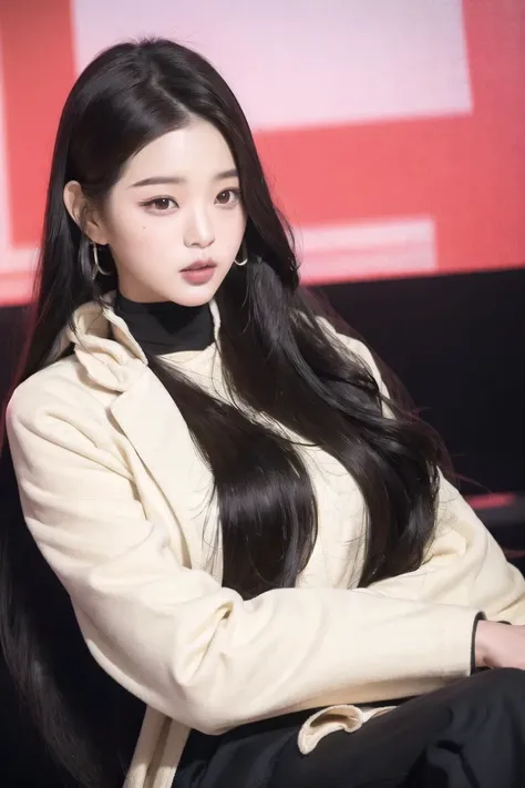 Jang Wonyoung, 1girl, asian, black hair, long hair, brown eyes
