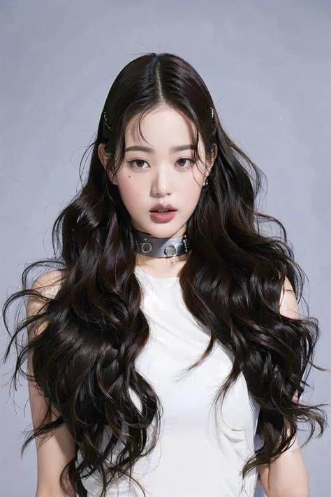 Jang Wonyoung, Nikon RAW photo, 8k, Fujifilm XT3, masterpiece, best quality, realistic, photorealistic, ultra detailed, 1girl, black hair, choker, grey background, lips, long hair, looking at viewer, nose, realistic, solo, upper body, ((arms behind back))
