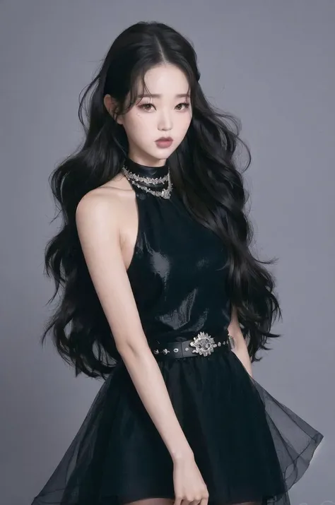 <lora:wonv1A:0.7>, Jang Wonyoung, 1girl, artist name, black dress, black hair, cowboy shot, dress, forehead, grey background, lips, long hair, makeup, nose, realistic, red lips, solo, standing, v arms