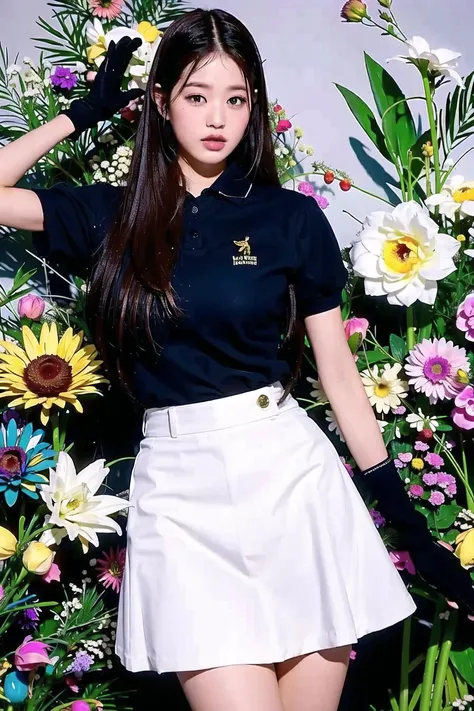 Jang Wonyoung, Nikon RAW photo,8 k,Fujifilm XT3,masterpiece, best quality, realistic, photorealistic,ultra detailed,1girl, bird, black gloves, black hair, dandelion, feathers, fish, flower, gloves, grass, leaf, long hair, moon, plant, pleated skirt, potted plant, skirt, solo, standing, tree, white skirt
