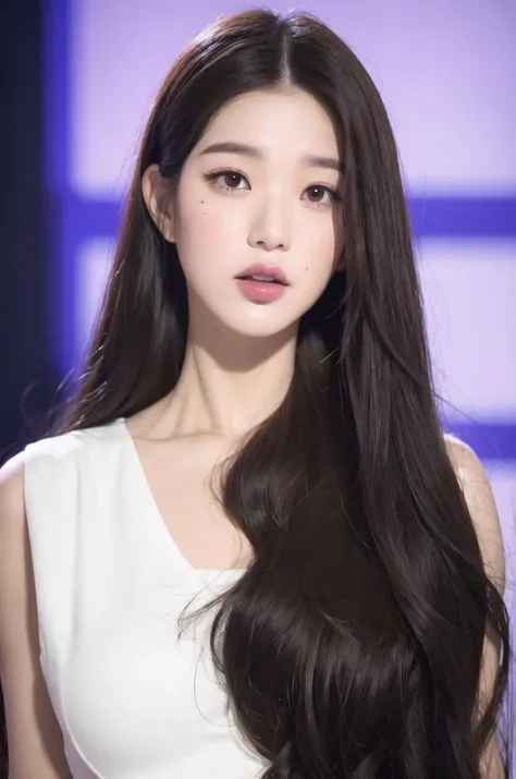 <lora:wonv1A:0.7>, Jang Wonyoung, 1girl, blurry, blurry background, brown eyes, depth of field, lips, long hair, looking at viewer, mole, mole under eye, parted lips, realistic, solo