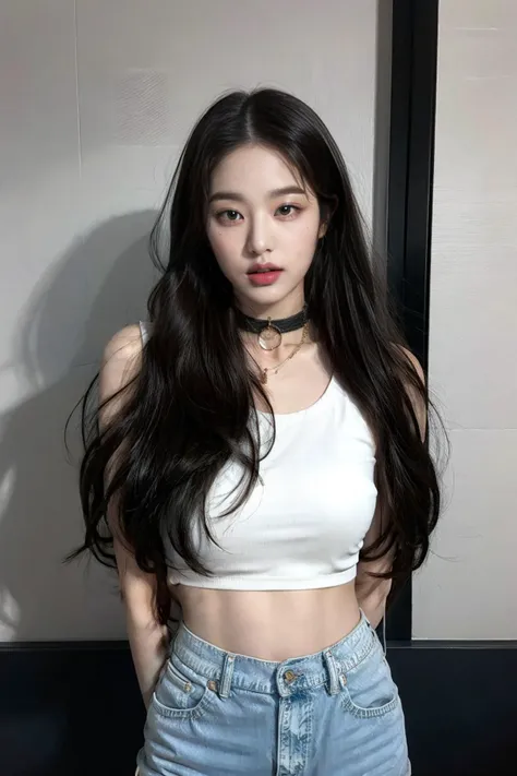 <lora:wonv1A:0.6>, Jang Wonyoung, 1girl, black hair, black nails, bracelet, choker, denim, jeans, jewelry, lips, long hair, midriff, nail polish, navel, necklace, pants, realistic, ring, solo, arms behind back