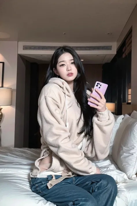 Jang Wonyoung, Nikon RAW photo, 8k, Fujifilm XT3, masterpiece, best quality, realistic, photorealistic, ultra detailed, 1girl, asian, bed, black hair, blue pants, cellphone, cellphone picture, denim, holding, holding phone, indoors, iphone, jeans, lips, long hair, looking at phone, pants, phone, photo \(medium\), realistic, selfie, sitting, smartphone, solo, taking picture