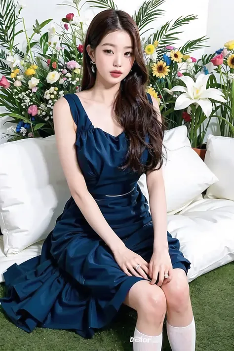Jang Wonyoung, Nikon RAW photo,8 k,Fujifilm XT3,masterpiece, best quality, realistic, photorealistic,ultra detailed,1girl,solo, close up portrait, standing, beautiful blue sky,serene expression, luxury red dress, surrounded by a sea of grass