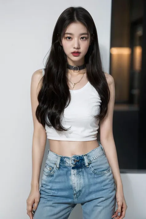 <lora:wonv1A:0.6>, Jang Wonyoung, 1girl, black hair, black nails, bracelet, choker, denim, jeans, jewelry, lips, long hair, midriff, nail polish, navel, necklace, pants, realistic, ring, solo, arms behind back