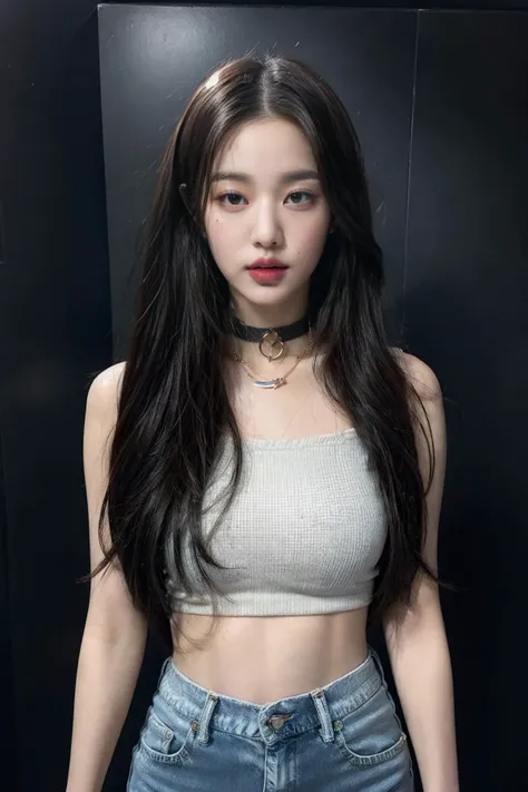 <lora:wonv1A:0.6>, Jang Wonyoung, 1girl, black hair, black nails, bracelet, choker, denim, jeans, jewelry, lips, long hair, midriff, nail polish, navel, necklace, pants, realistic, ring, solo, arms behind back