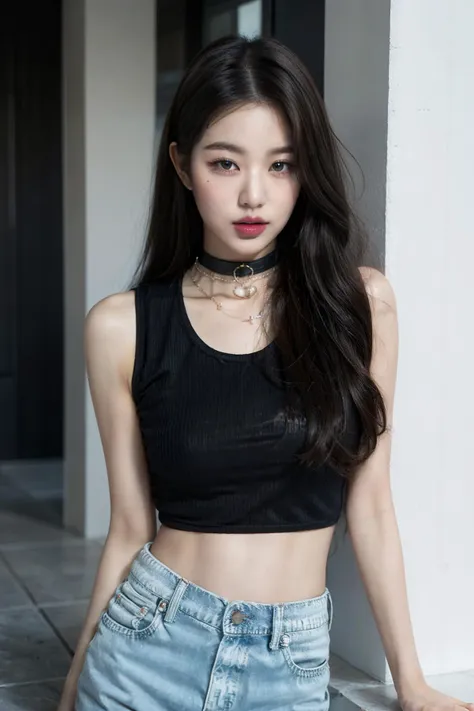 <lora:wonv1A:0.6>, Jang Wonyoung, 1girl, black hair, black nails, bracelet, choker, denim, jeans, jewelry, lips, long hair, midriff, nail polish, navel, necklace, pants, realistic, ring, solo, arms behind back