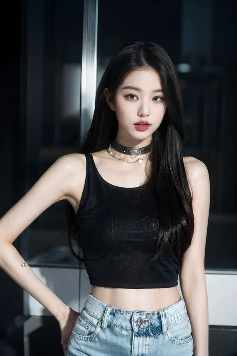 <lora:wonv1A:0.7>, Jang Wonyoung, 1girl, black hair, black nails, bracelet, choker, denim, jeans, jewelry, lips, long hair, midriff, nail polish, navel, necklace, pants, realistic, ring, solo, arms behind back