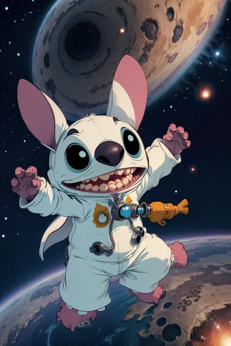 st1tch wearing a astronaut outfit flying inside the universe