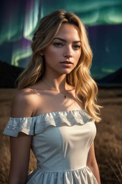 perfect cinematic shoot of a beautiful woman (EPJOBr0wn:.99), a woman standing at a field, perfect hair, wearing sexy Amaranth (Peplum blouse with a square neckline and puff shoulders), (northern lights in background:1.2), (detailed background:1.1), (face focus), modelshoot style, (extremely detailed CG unity 8k wallpaper), professional majestic (photography by Roberto Ferri:1.1), 24mm, exposure blend, hdr, extremely intricate, High (Detail:1.1), dramatic, soft cinematic light, (looking at viewer), (detailed pupils),8k, highly detailed, rich environment, 4k textures, soft cinematic light, elegant, ((((cinematic look)))), soothing tones, insane details, hyperdetailed, ("Descifra el arte del juego con JernauGurgeh!":1.1),(epiCPhoto)