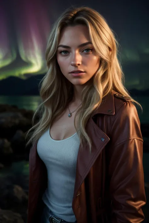 perfect cinematic shoot of a beautiful woman (EPJOBr0wn:.99), a woman standing at a atlantis, perfect hair, wearing sexy Ruby (Trench coat), (northern lights in background:1.2), (detailed background:1.1), (face focus), modelshoot style, (extremely detailed CG unity 8k wallpaper), professional majestic (photography by Roberto Ferri:1.1), 24mm, exposure blend, hdr, extremely intricate, High (Detail:1.1), dramatic, soft cinematic light, (looking at viewer), (detailed pupils),8k, highly detailed, rich environment, 4k textures, soft cinematic light, elegant, ((((cinematic look)))), soothing tones, insane details, hyperdetailed, ("Descifra el arte del juego con JernauGurgeh!":1.1),(epiCPhoto)